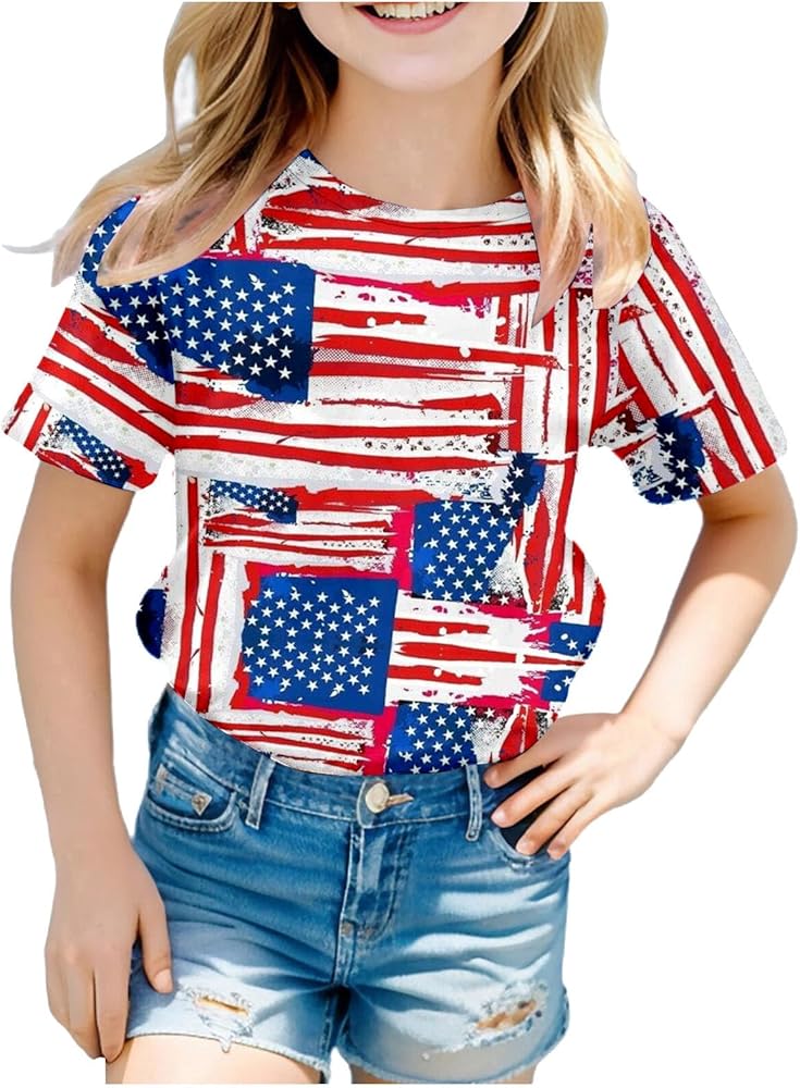 Little Boys Girls 4th of July T-Shirt Stars Striped Tees Shirt Classic Short Sleeve Round Neck Independence Day Tops Tees 3-10 Years,Toddler Boy 4Th of July Shirt,Boys 4Th of July Shirt Size 12 Red