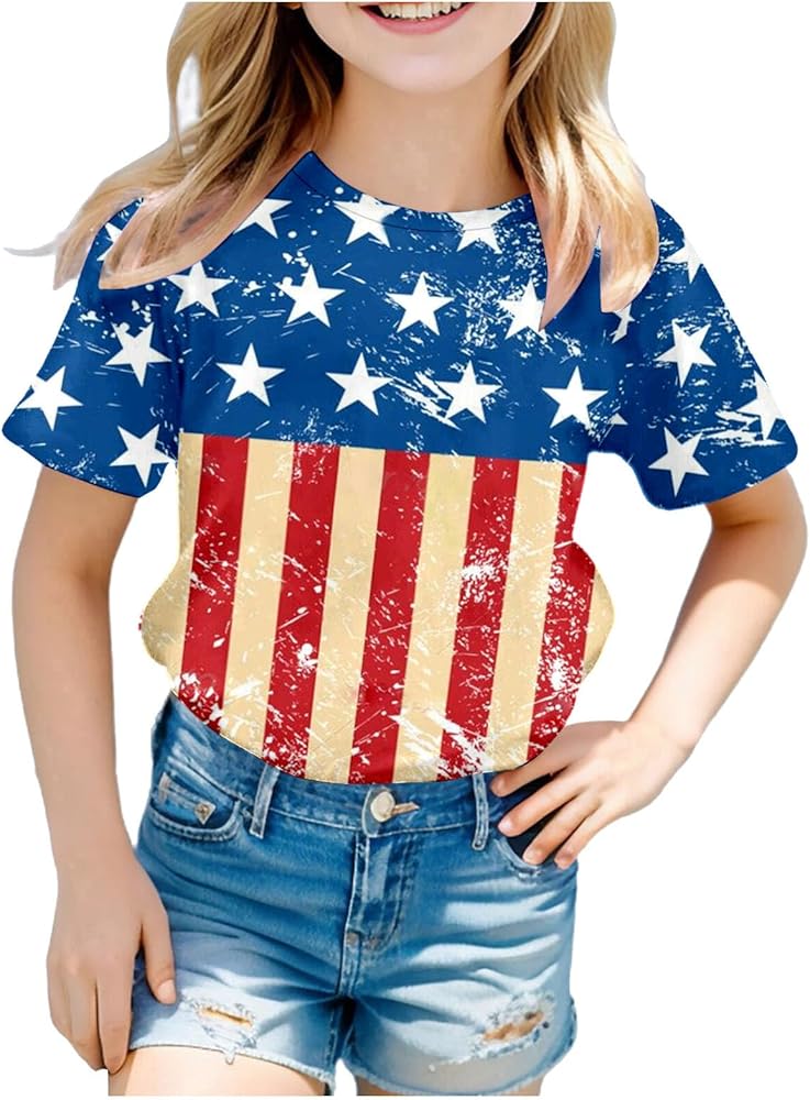 Little Boys Girls 4th of July T-Shirt 3D Graphic Printed Tees Shirt Novelty Short Sleeve Crewneck Memorial Day Tees Tops 4-10 Years,Toddler Fourth of July Shirt Boy,4Th of July Kids Shirts Blue