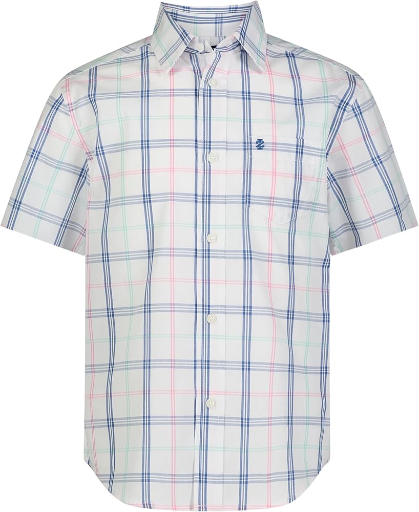 IZOD Boys' Short Sleeve Button-Down Plaid Dress Shirt