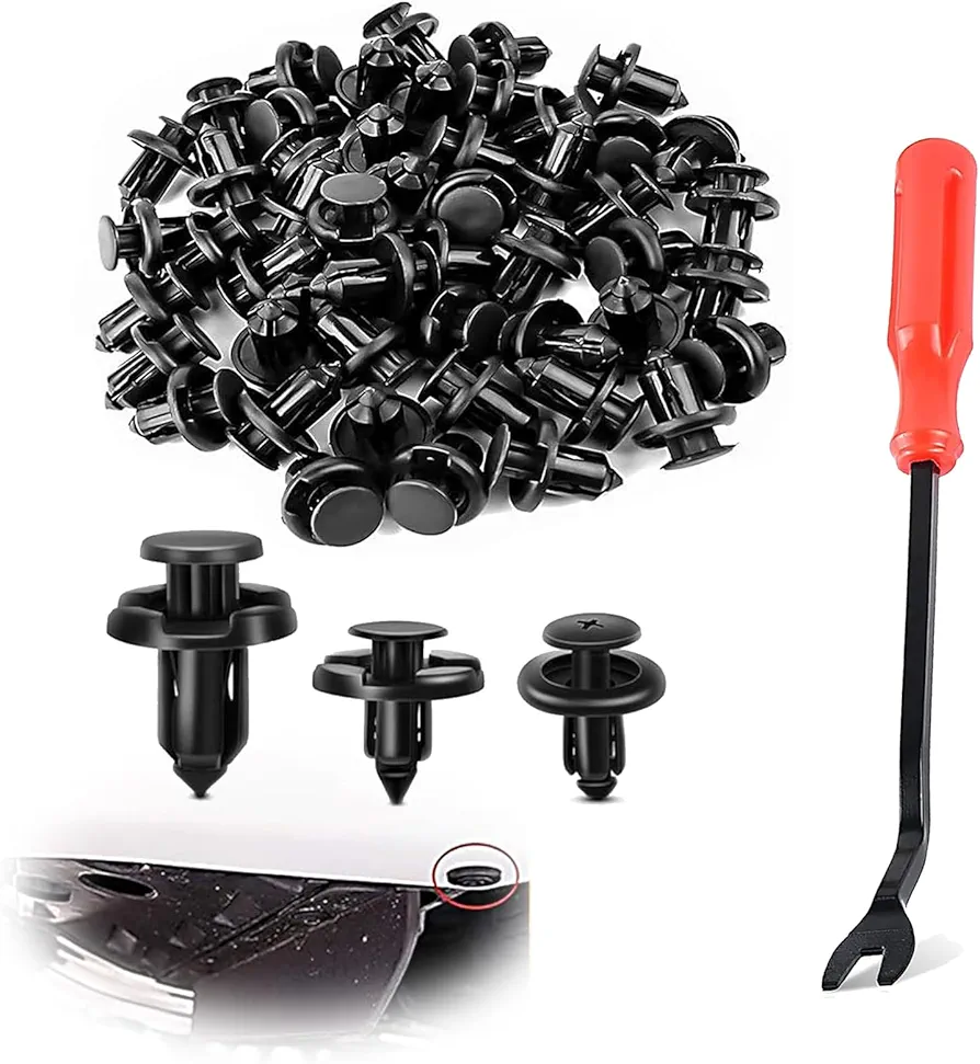 100 PCS Car Bumper Retainer Clips, Rivet Clip with Removal Tool, Fasteners Replacements, Push-in Vehicle Parts, Auto Repair Kit, Compatible with Subaru, Mazda, Nissan Models (Black)