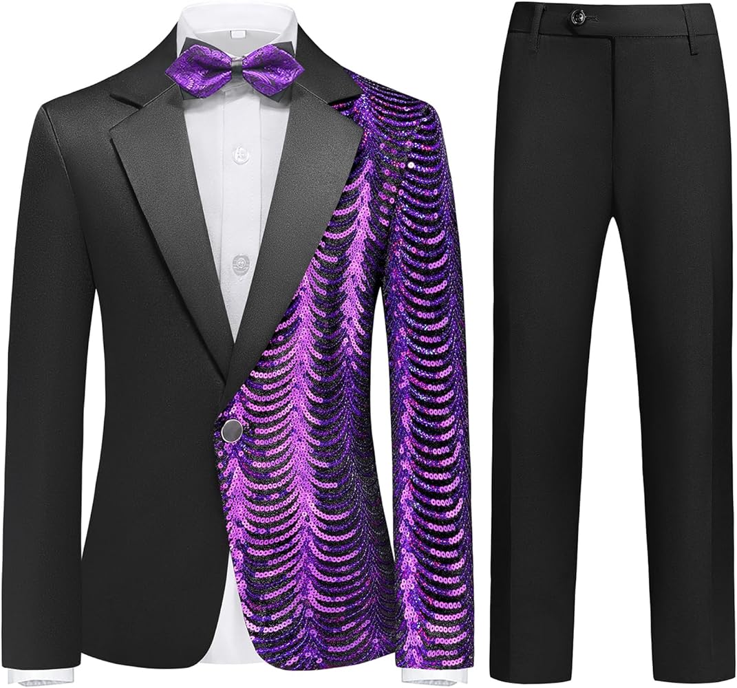 Lamgool Boys Slim Fit Suits 2 Pieces Tuxedo Set with Sequin Shiny Jacket Pant for Kids Prom Wedding Party Formal Outfit 4-16Y