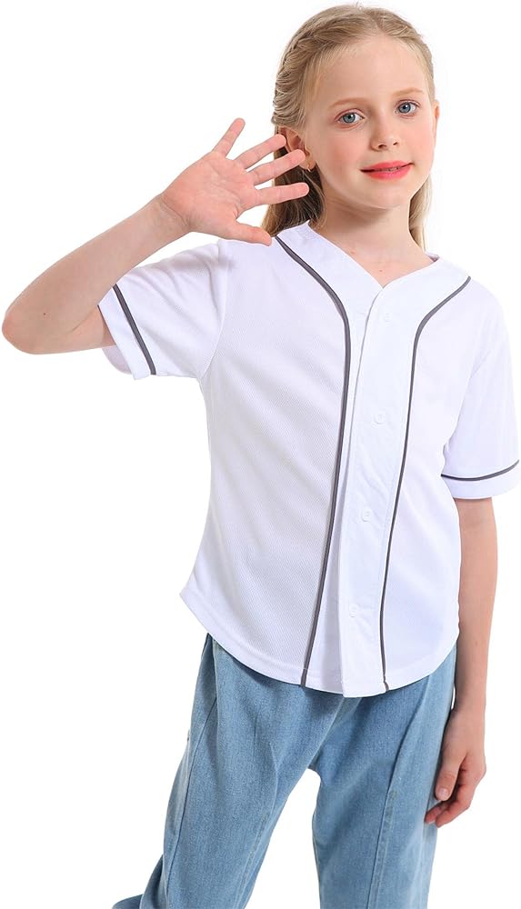 Boy's Baseball Button Down Jersey Kid's Short Sleeve Girls Hip Hop T Shirts Children's Sport Jersey Shirt Black