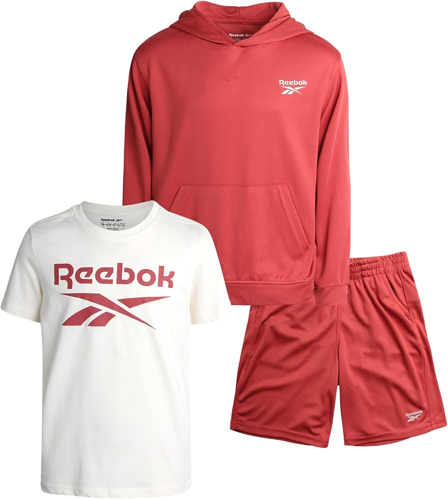 Reebok Boys' Active Shorts Set - 3 Piece Performance Mesh Hoodie Sweatshirt, Gym Shorts, and T-Shirt - Activewear Set (8-12)