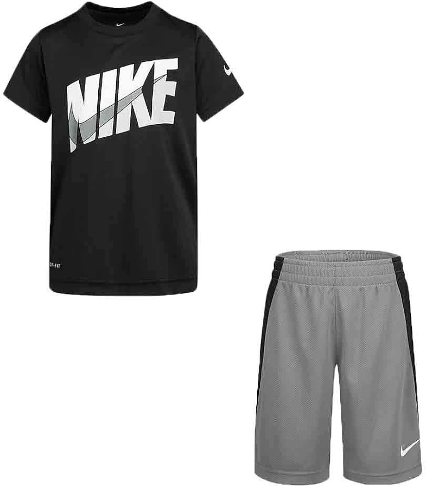 Nike Boy`s Dri-Fit T-Shirt & Shorts 2 Piece Set (SmokeGrey(76G054-M19)/White, 4T, 4_Years)