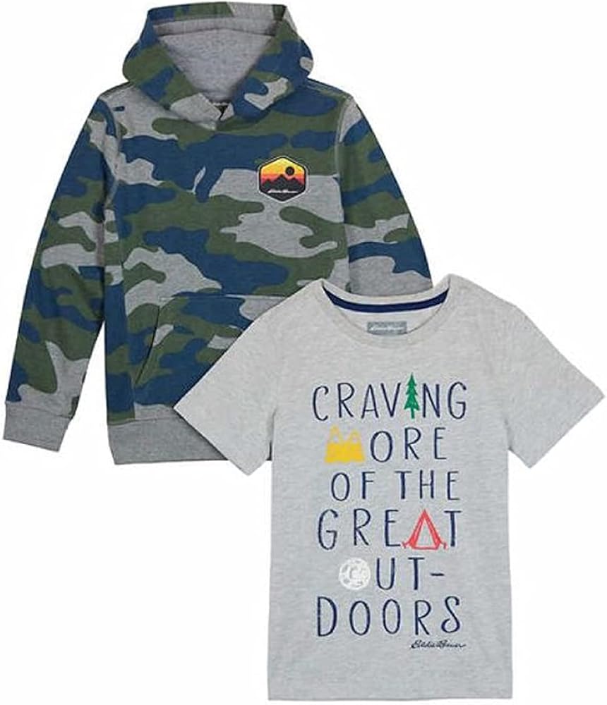 Eddie Bauer Boy's Hoodie and Tee Set (Green Camo/Gray, Medium)