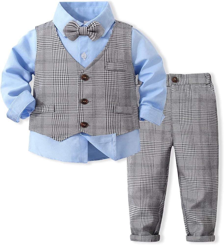 Boys 3Pcs Clothing Sets Long Sleeve Bowtie Shirts +Vest +Pants Casual Suit