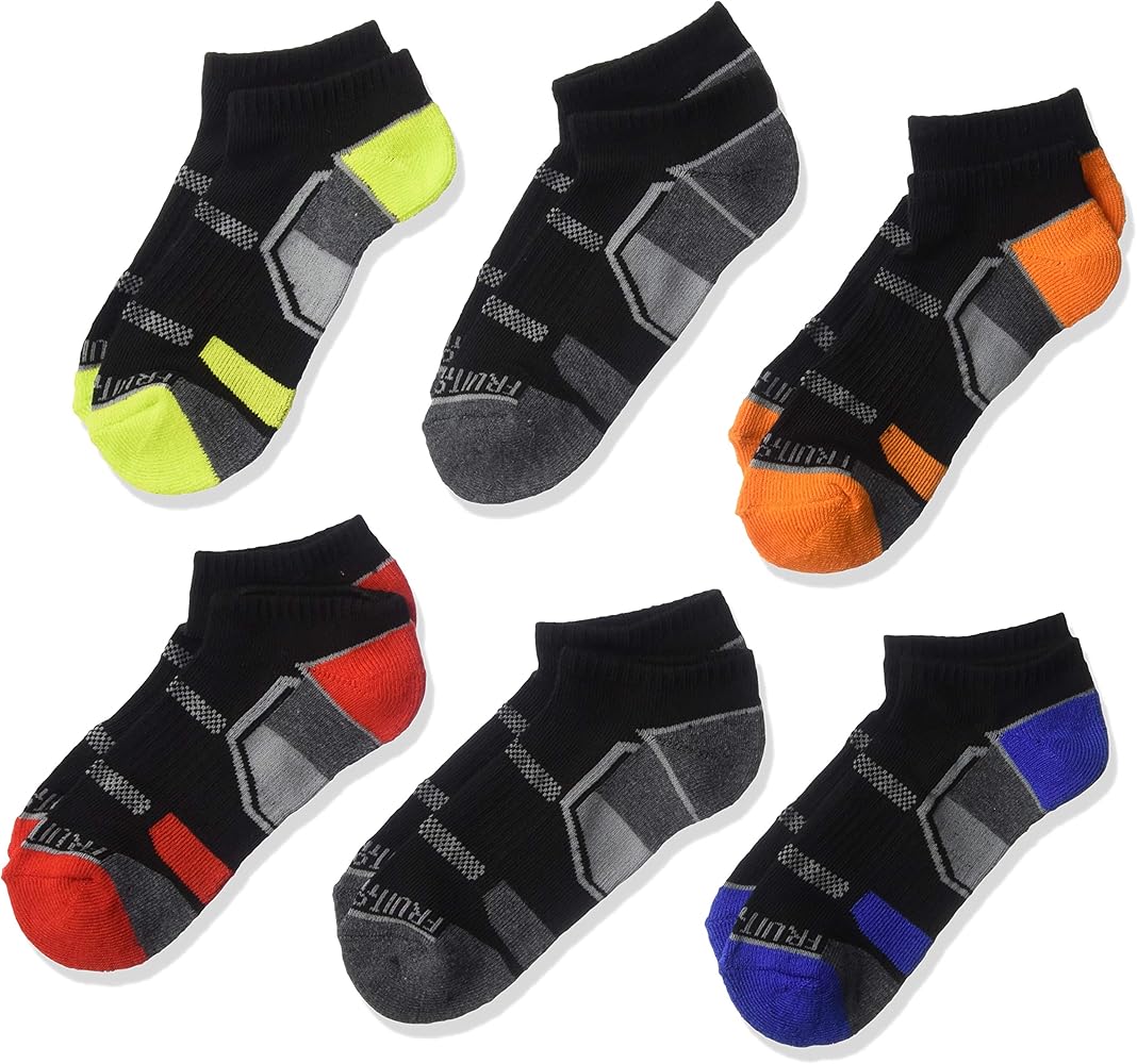 Fruit of the Loom Boys' Everyday Active Cushioned No Show Socks 6 Pair, Black Assorted, Shoe Size: 3-9