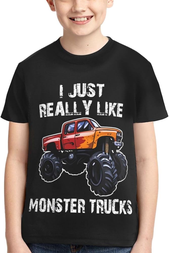 I Just Really Like Monster Trucks Boys Girls Shirts Kids Short Sleeve Classic Crewneck Top Tee