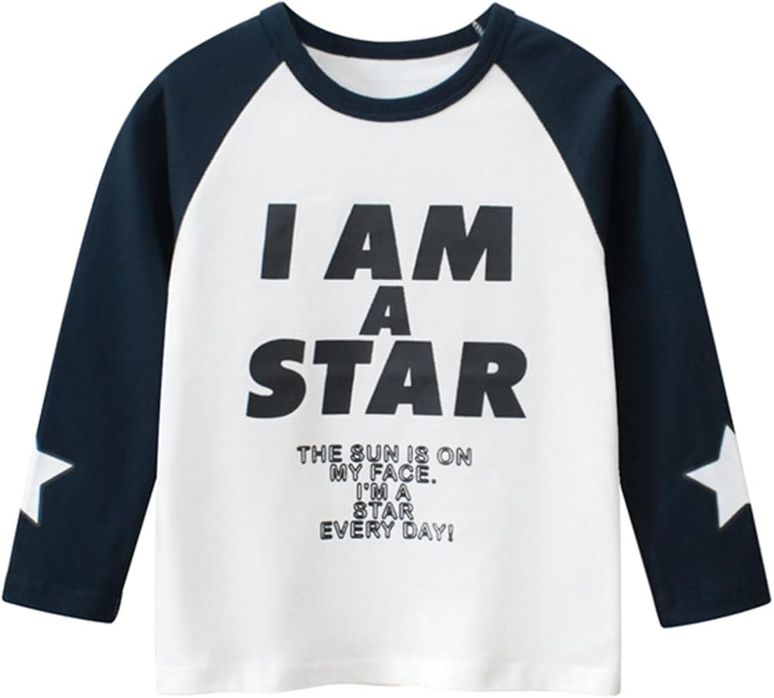 Toddler Boy Long Sleeve T-Shirt Color Blocking Letter Print Graphic Undershirt Casual Crewneck Basic Tee Top