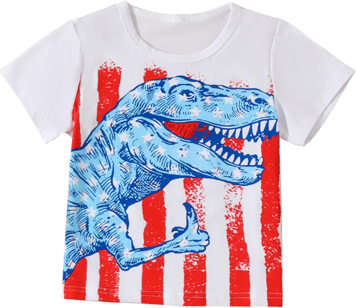 Toddler Boys Summer T Shirt Cartoon Dinosaur Print Short Sleeve Crew Neck Top Casual Going Out Wear Tees for Boys