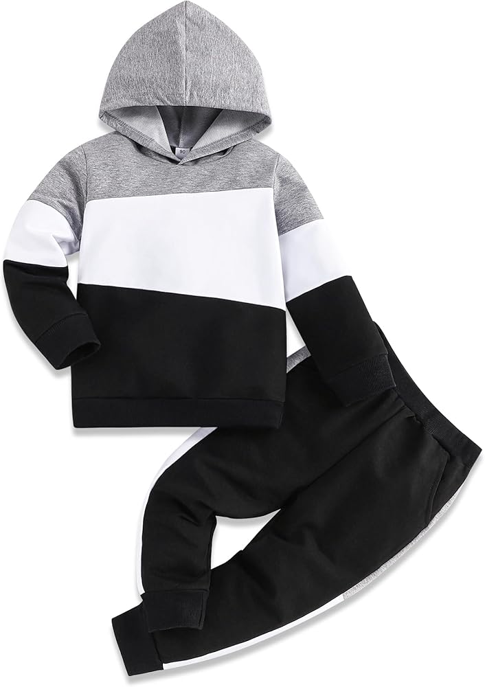 Toddler Baby Boy Clothes Long Sleeve Hooded Pullover Colorblock Sweatshirt + Pants 2Pcs Outfits Set…