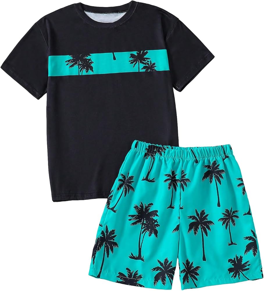 SOLY HUX Boy's 2 Piece Outfits Tropical Print Short Sleeve Tee Tops and Shorts Set