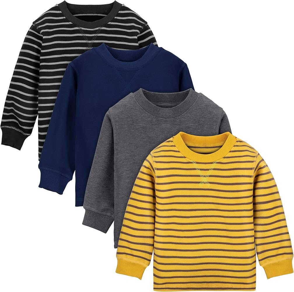 Cooraby 4 Pack Toddler Boys' Thermal Long-Sleeve Shirts Stripe and Solid T-Shirts Cotton Long-Sleeve Shirts for Boys