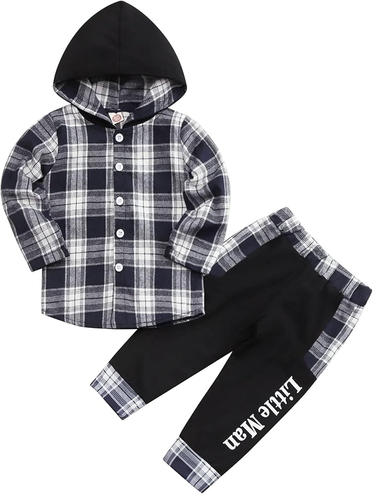 Toddler Baby Boys Clothes Plaid Panel Long-sleeve Hooded Shirt + Sweatpants Fall Winter Outfits Set