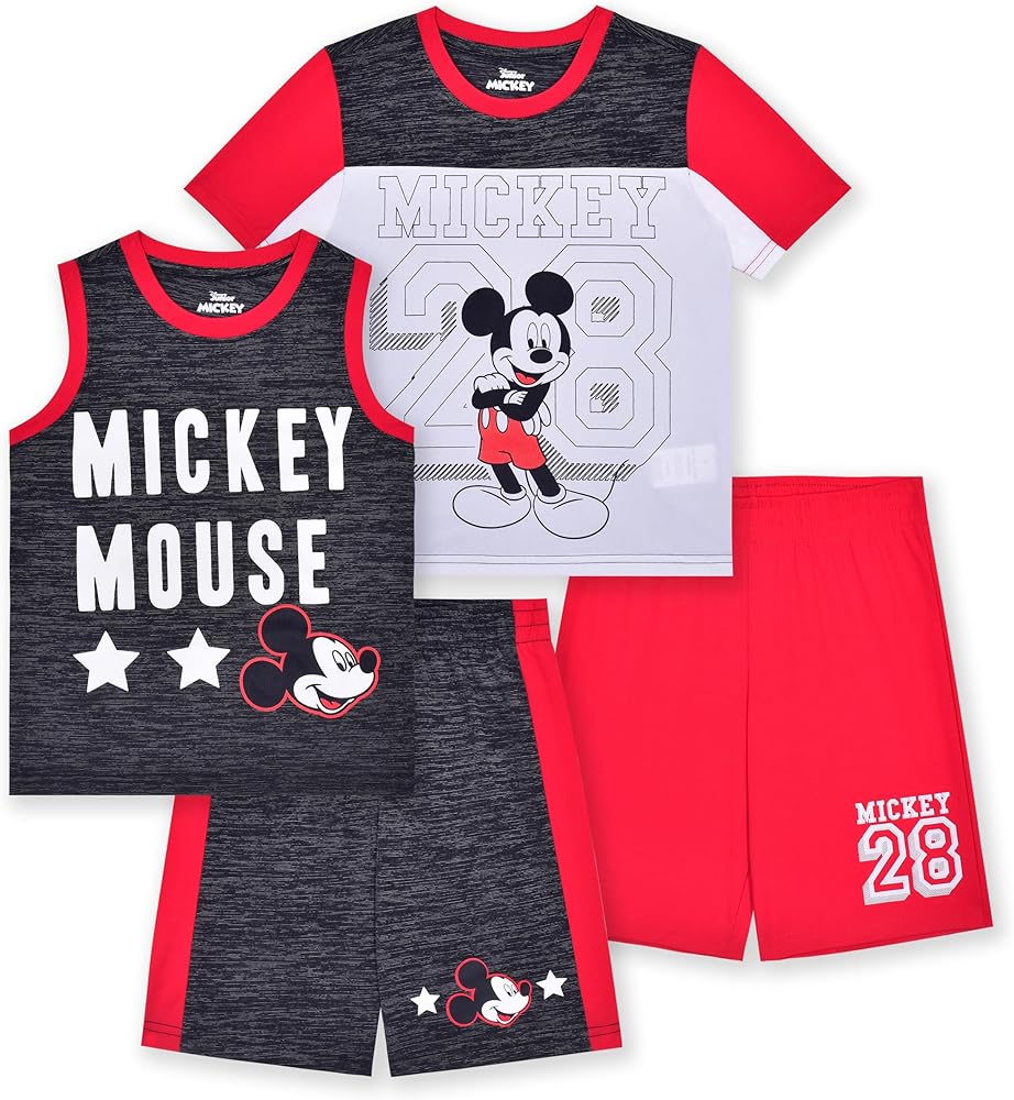 Disney Mickey Mouse Boys Mix Match T-Shirt, Tank Top, and Shorts 4 Piece Set for Toddlers and Big Kids - Grey