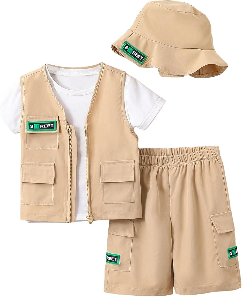 Verdusa Boy's 3 Piece Outfits Sleeveless Zip Up Cargo Vest and Shorts Sets with Bucket Hat