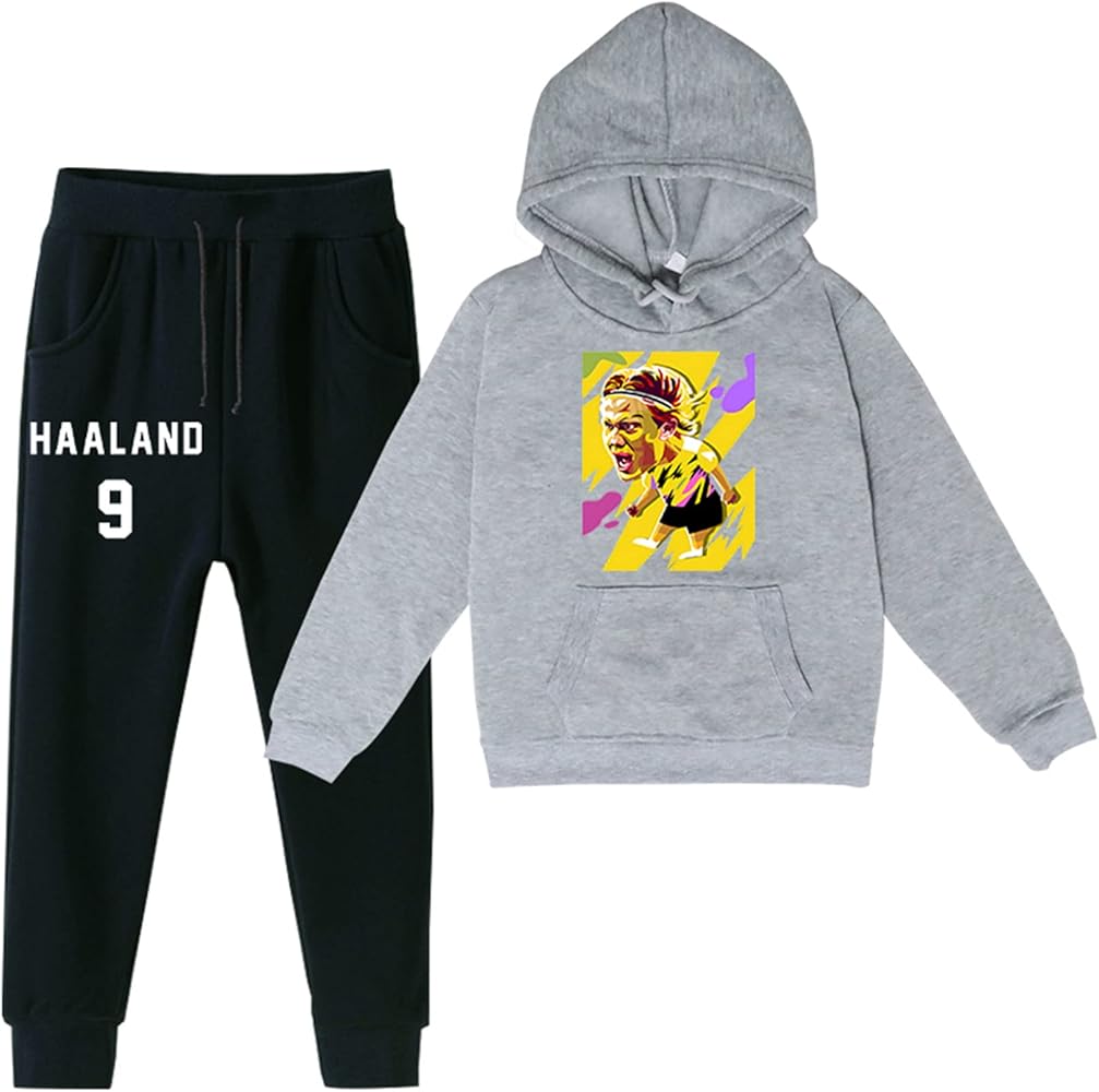 Little Boys Erling Haaland Fleece Outfit Hooded-Pullover Hoodies and Cotton Sweatpants 2Pcs Suit for Kids(2-14Y)