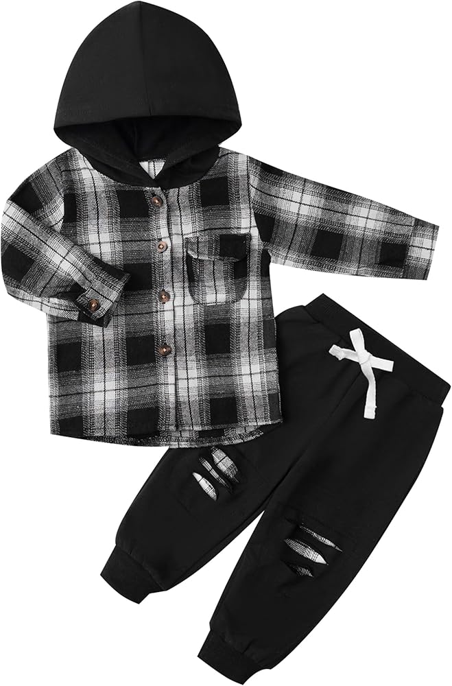 Kid Toddler Boy Clothes Flannel Plaid Hoodied Tops +Casual Pants Boys Fall Winter Outfits 1-5T