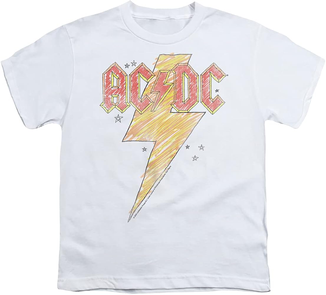 PopFunk Classic AC/DC Sketch Bolt, White Youth/Big Kids 7+ Years Unisex Boy Girl Short Sleeve Graphic T-Shirt (Medium) Sketch Bolt, White