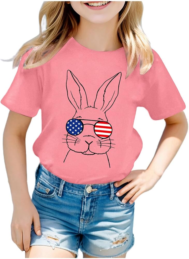 Toddler Boy Girl Fourth of July Shirt Patriotic Print Tees Shirt Casual Short Sleeve Round Neck Memorial Day Tees Tops 4-10 Years,4Th of July Shirt Kids,4Th July Shirts for Boys Pink