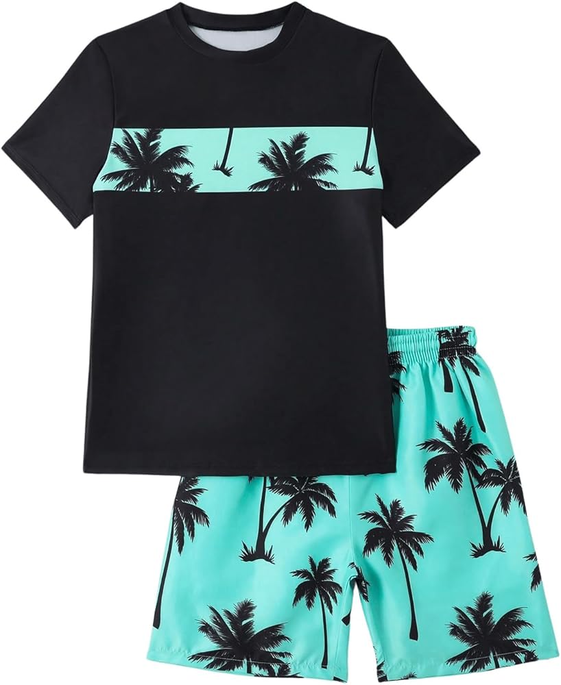 SOLY HUX Boy's Hawaiian Outfits Tropical Print Short Sleeve Tee Top Swim Trunks 2 Piece Sets