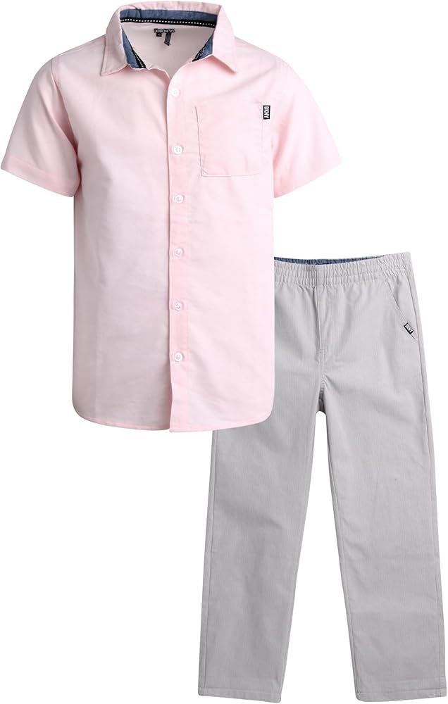 DKNY Boys' Pants Set -2 Piece Woven Short Sleeve Button Down Shirt and Flat Front Pants - Matching Outfit Set for Boys (8-12)