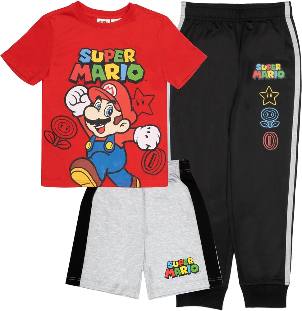 Nintendo Super Mario Bros Boys 3-Piece Pants Set - Short Sleeve T-Shirt, Shorts, and Jogger Pants 3-Pack Bundle Set