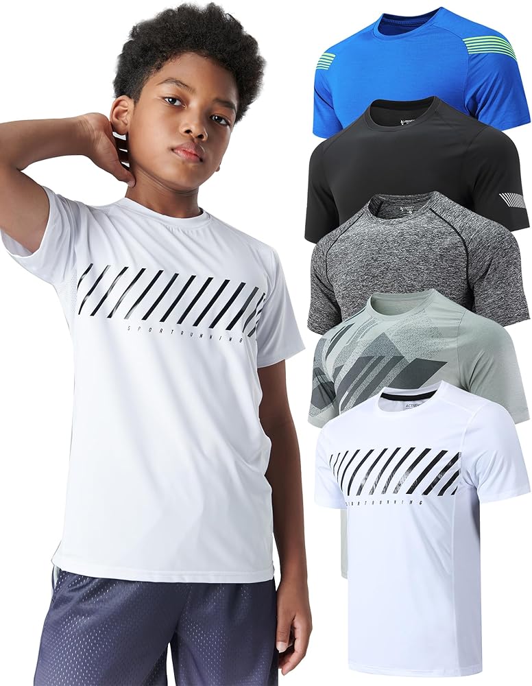 5 Pack Boys Athletic Shirts, Youth Activewear Dry Fit Tshirts for Kids, Short Sleeve Tees, Bulk Athletic Performance Clothing