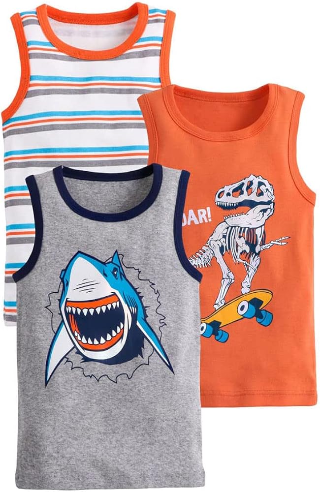 Toddler Baby Boys Cartoon Dinosaur Sleeveless Undershirts T-Shirts 3 Pack Cotton Tank Tops Set 2-8Years