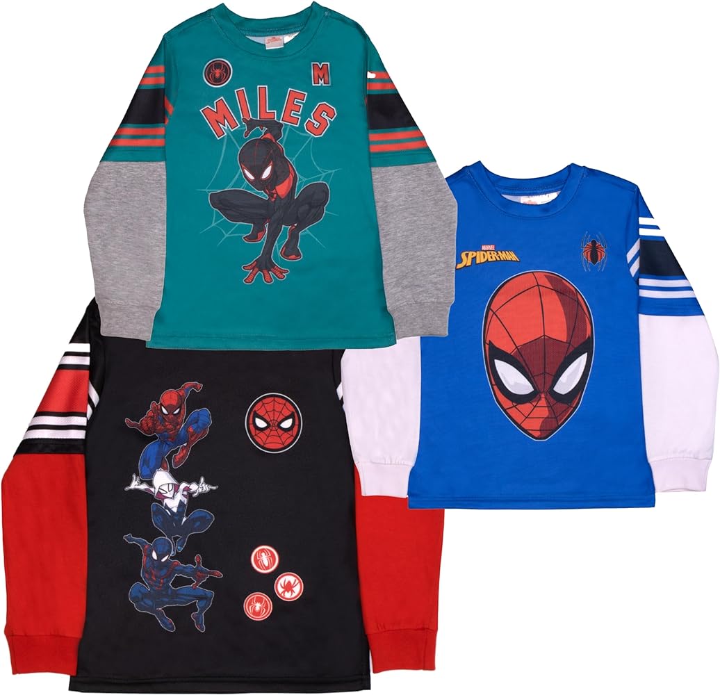 Marvel Spider-Man Boys Long Sleeve Active Mesh T-Shirt 3-Pack, Spiderman 3-Piece Bundle Set