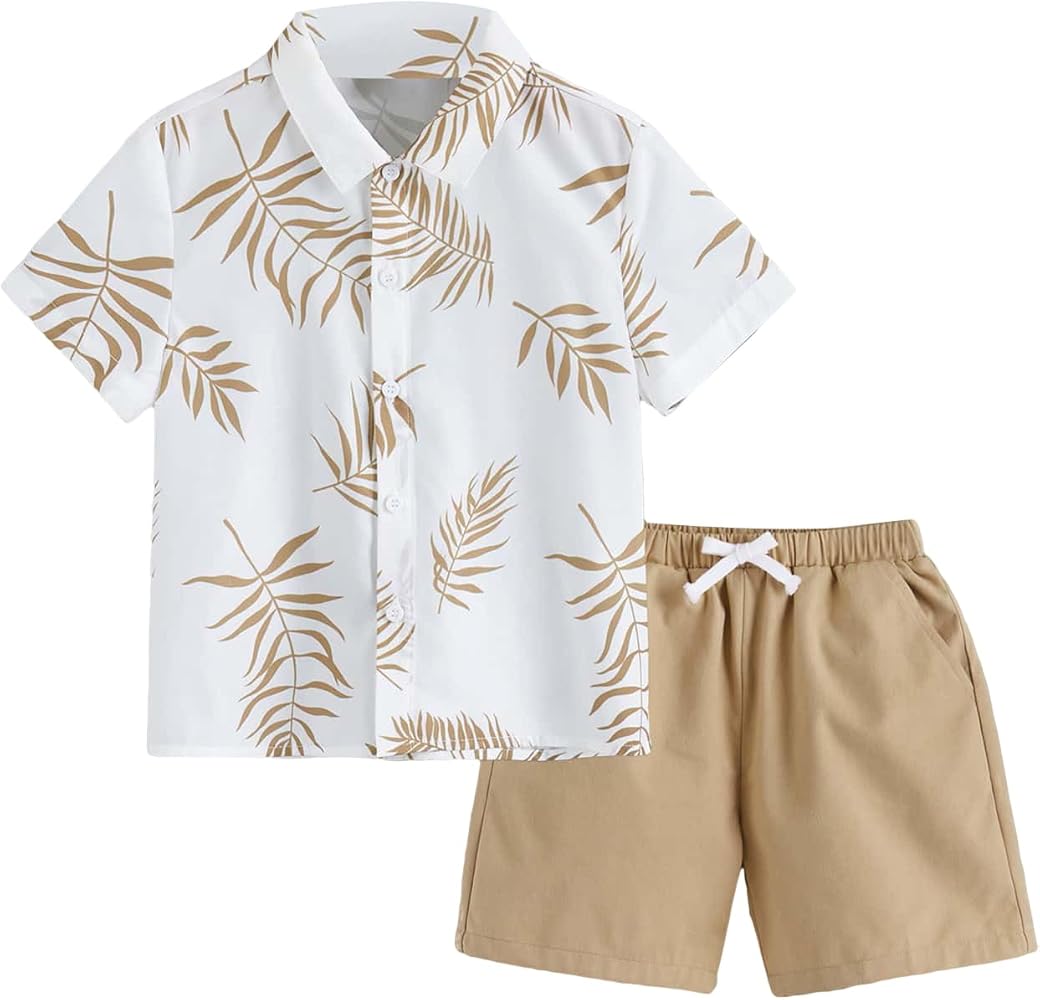 Boys 2 Piece Tropical Pattern Short Sleeve Collar Neck Button Front Blouse Shirt Top and Drawstring Waist Shorts Sets