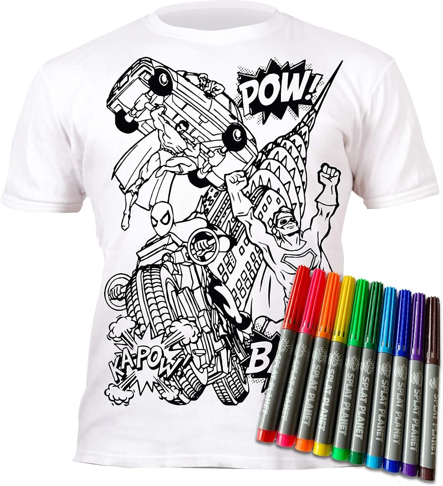 Splat Planet Color in Superhero T-Shirt with 10 Non-Toxic Washable Magic Markers - Color in and Wash Out T-Shirt