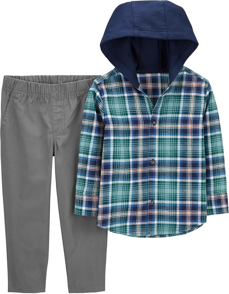 Carter's Boys' 2T-4T 2 Piece Long Sleeve Knit Top and Pants Set (Navy/Grey Plaid hooded, 4T)