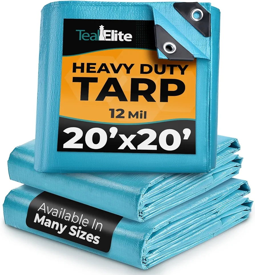 20x20 Heavy Duty Tarp Waterproof - 12mil Thick Pool Tarp Cover - 20x20 Tarp UV Resistant, Rip & Tear Proof with Metal Grommets – Blue Tarp Multipurpose Use for Camping, Tent, Boat, RV, Car