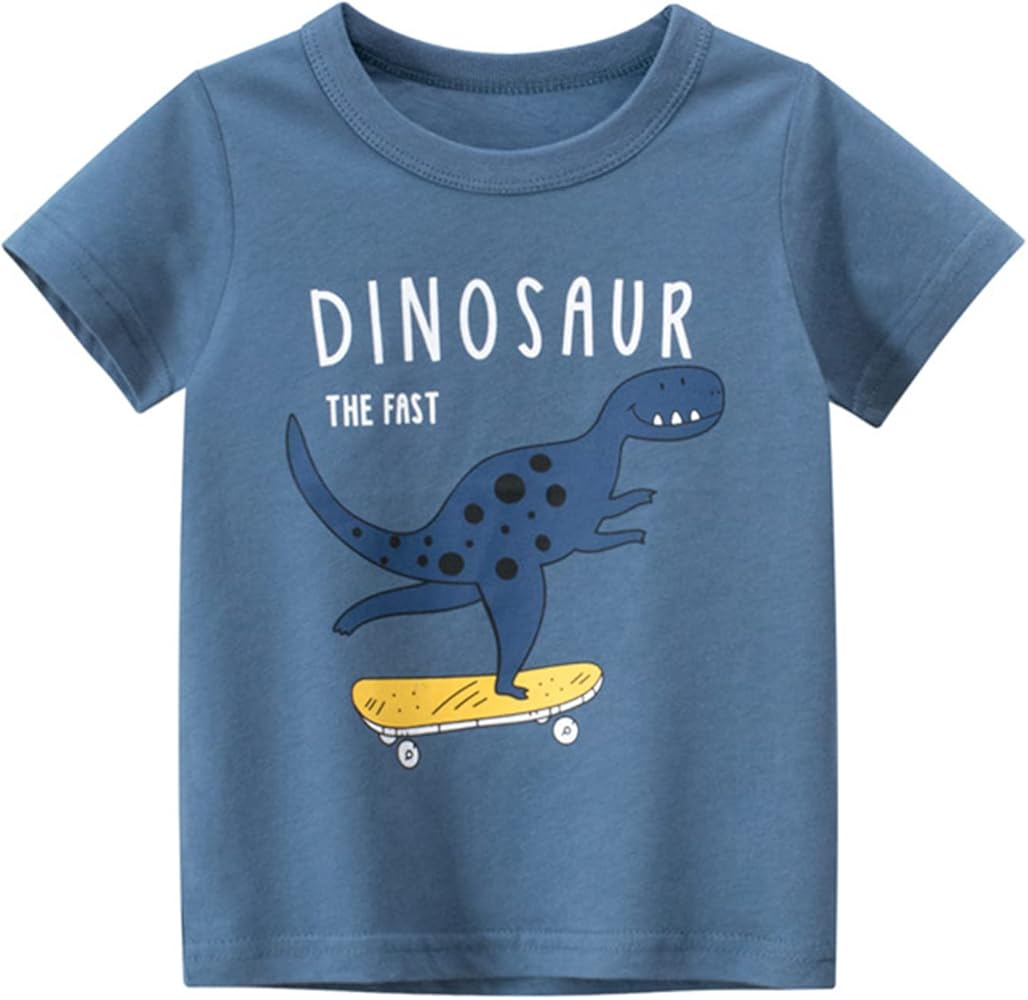 POLG Toddler Boys Short Sleeve Crewneck T-Shirts Top Tee Cartoon Dinosaur Graphic Shirts Cotton Summer Clothes 1-7 Years