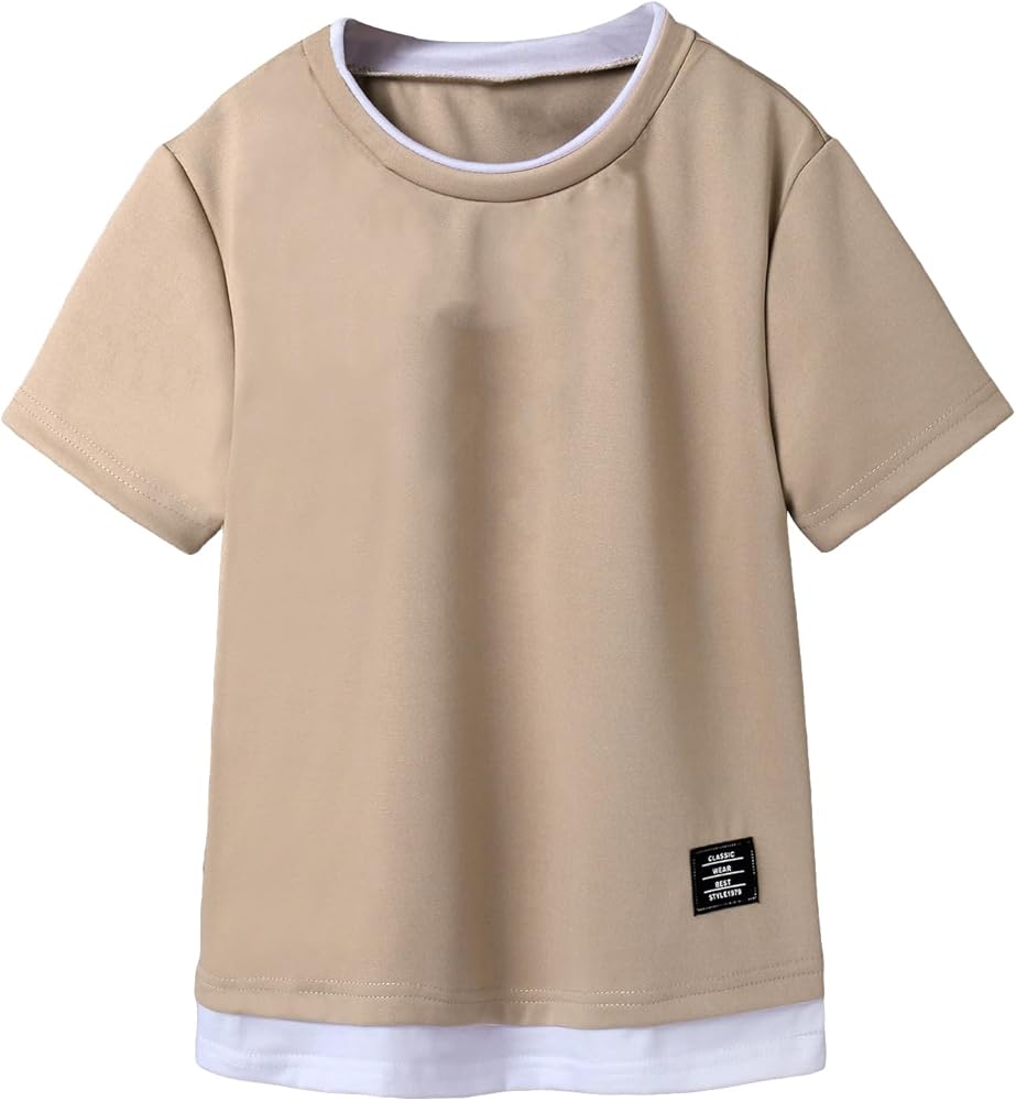 COZYEASE Boy's Crewneck Short Sleeve T Shirt Summer 2 in 1 Letter Tee Shirt Tops Basic Tops Khaki 13-14Y