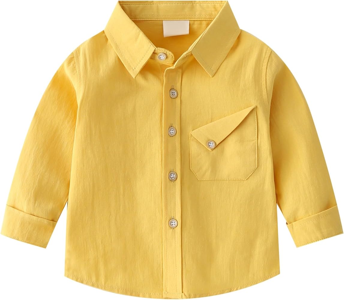 Boys' Long Sleeve Blouse Dress Shirts Fall Tees Tops Solid Color Linen Button Lapel Shirt with a Irregular Pocket