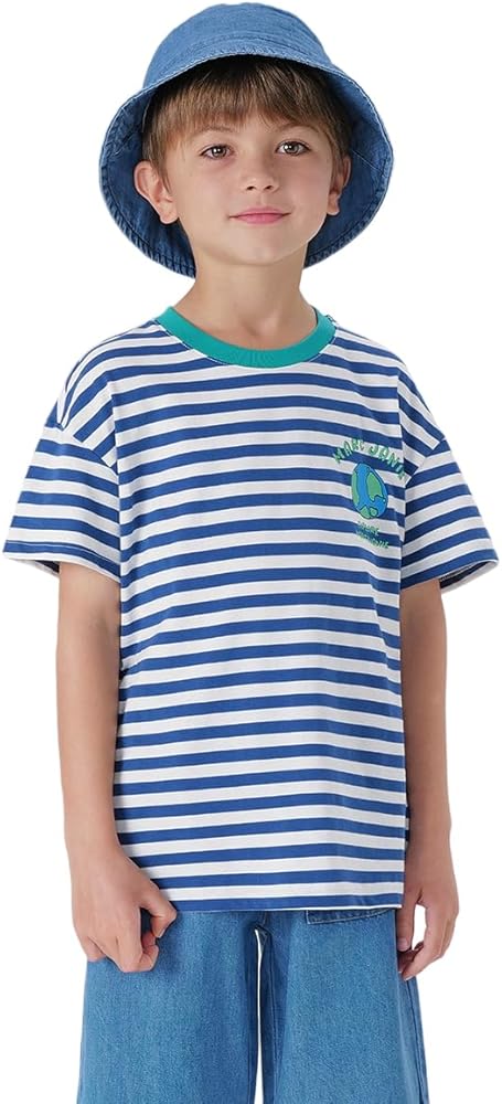 MARC&JANIE Boys Navy Style Earth Graffiti Striped Short Sleeve T-Shirt Kids Tops for Summer 240802