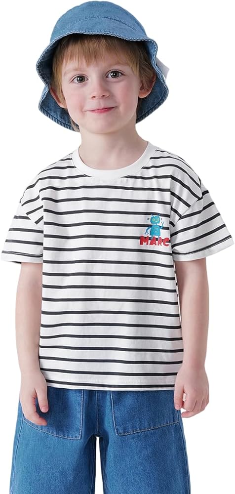 MARC&JANIE Boys Robot Striped Short Sleeve T-Shirt Kids Loose Cotton Top for Summer 240531