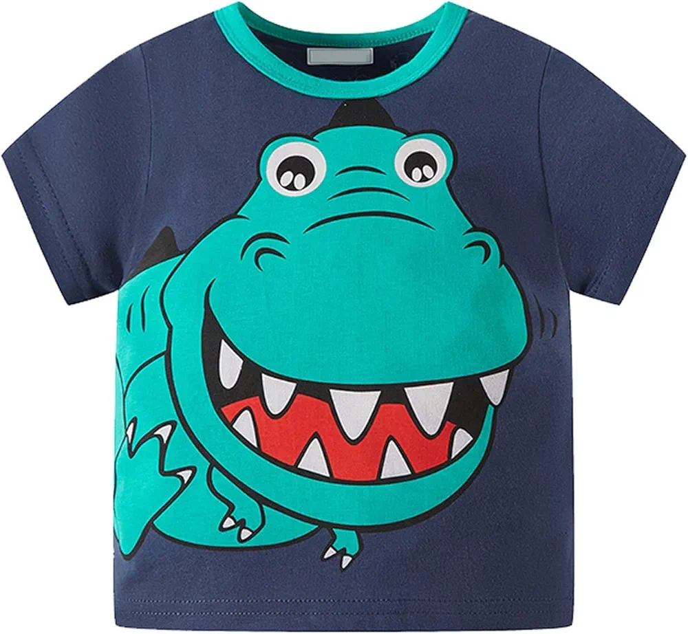 Lykmera Toddler Kids Baby Boys Summer Cartoon Cute Dinosaur Short Sleeve Crewneck T Shirts Tops Tee Yellow and Blue Optional Boys Compression (Dark Blue-J, 4-5 Years)