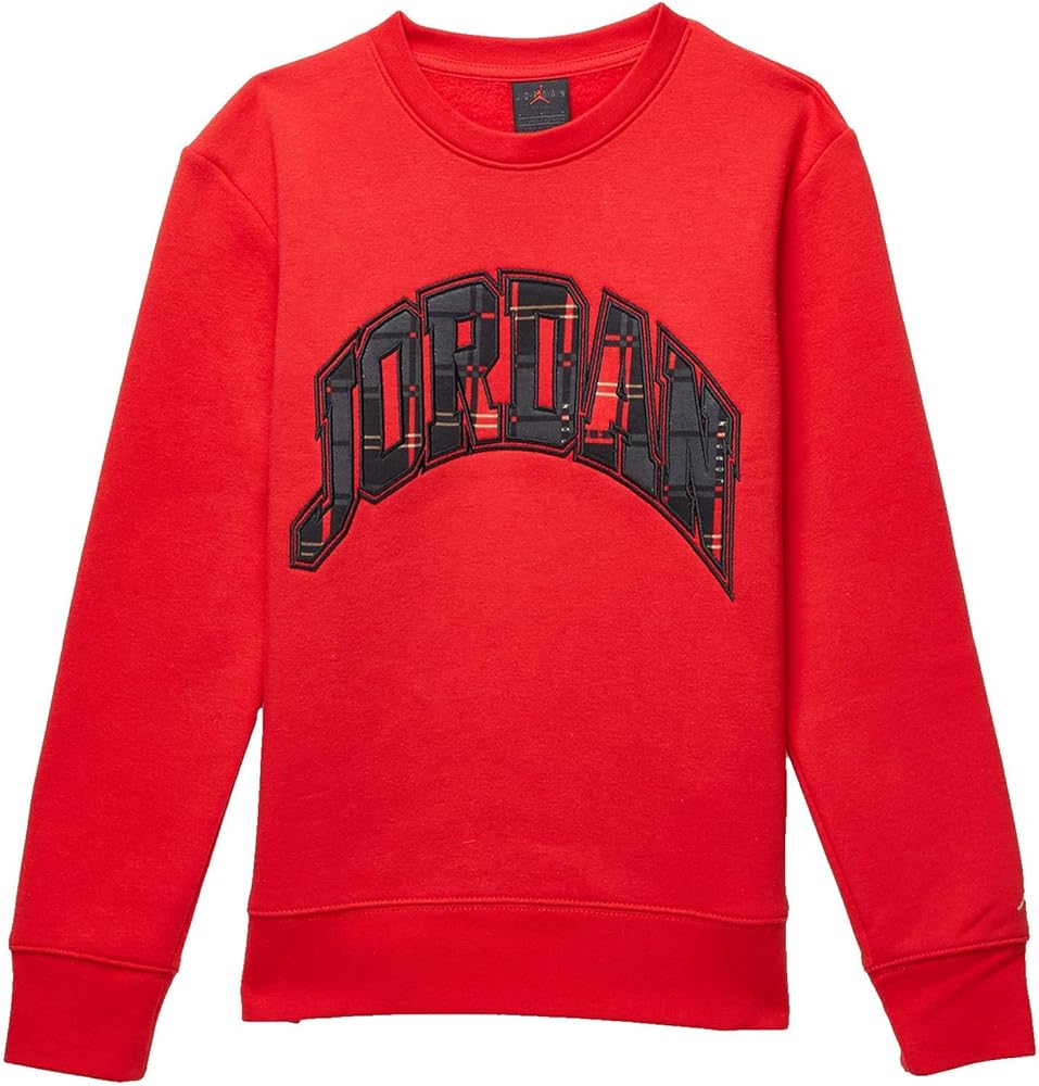 Jordan Boy's Essentials Plaid Crew Sweatshirt (Big Kids) Fire Red MD (10-12 Big Kid)