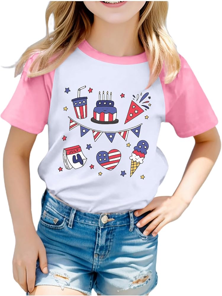 Little Boys Girls 4th of July T-Shirt Patriotic Print Funny T-Shirt Casual Short Sleeve Round Neck Memorial Day Tees Tops 4-10 Years,4Th of July Shirt Kids,4Th July Shirts for Boys Pink