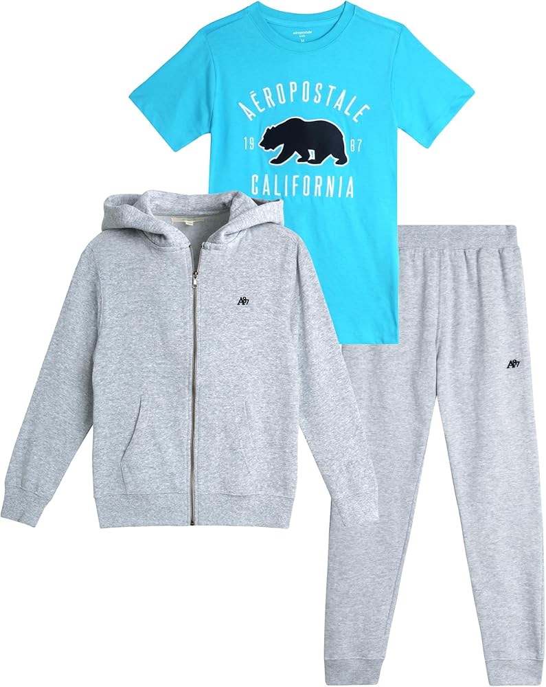 AEROPOSTALE Boys' Sweatsuit Set - 3 Piece Fleece Zip Hoodie Sweatshirt, Cargo Jogger Sweatpants, and T-Shirt (4-16)