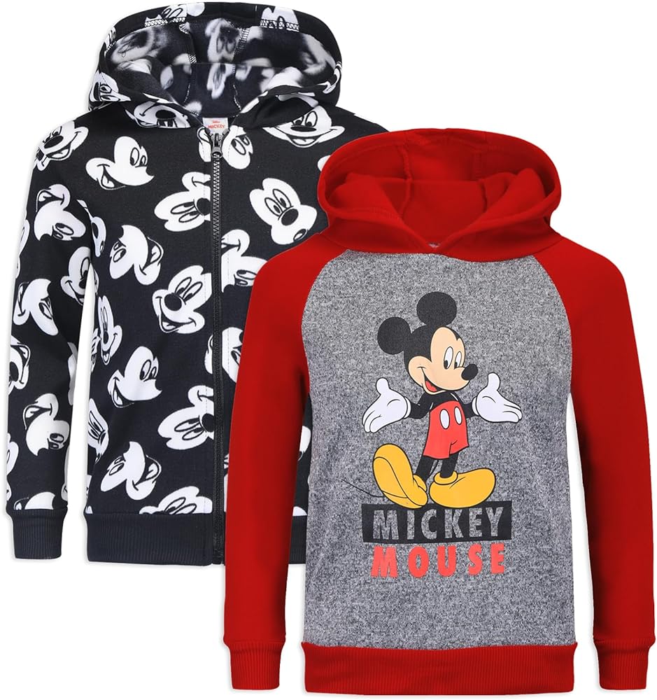 Disney Mickey Mouse Boys’ 2 Pack Hoodie for Toddler and Little Kids – Grey/Black/Red