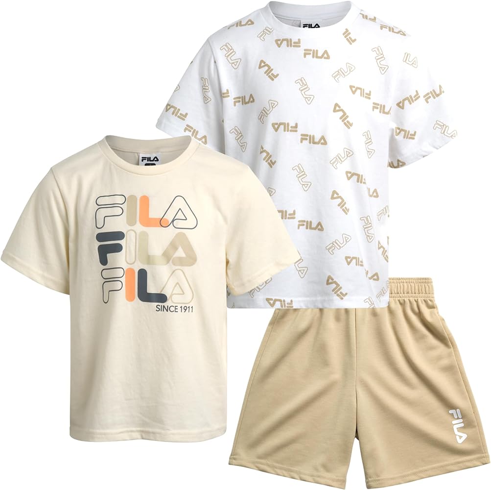 Fila Boys Shorts Set - 3 Piece Active Short Sleeve Shirts and Performance Athletic Shorts - Summer Outfit Set for Boys (4-12)