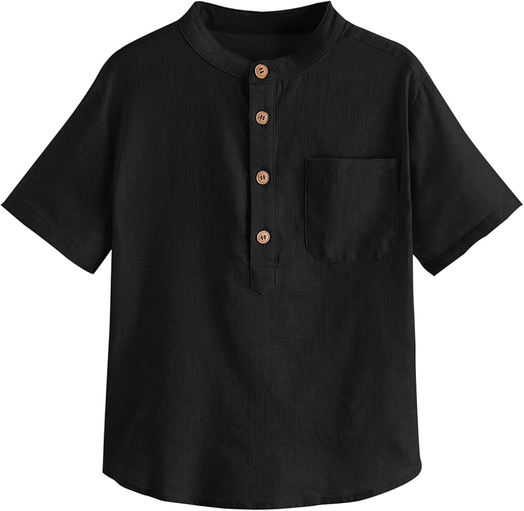 Inorin Boys Button Up Henley Shirt Short Sleeve Lightweight Summer Linen Cotton Dress Shirts Tees Tops with One Pocket