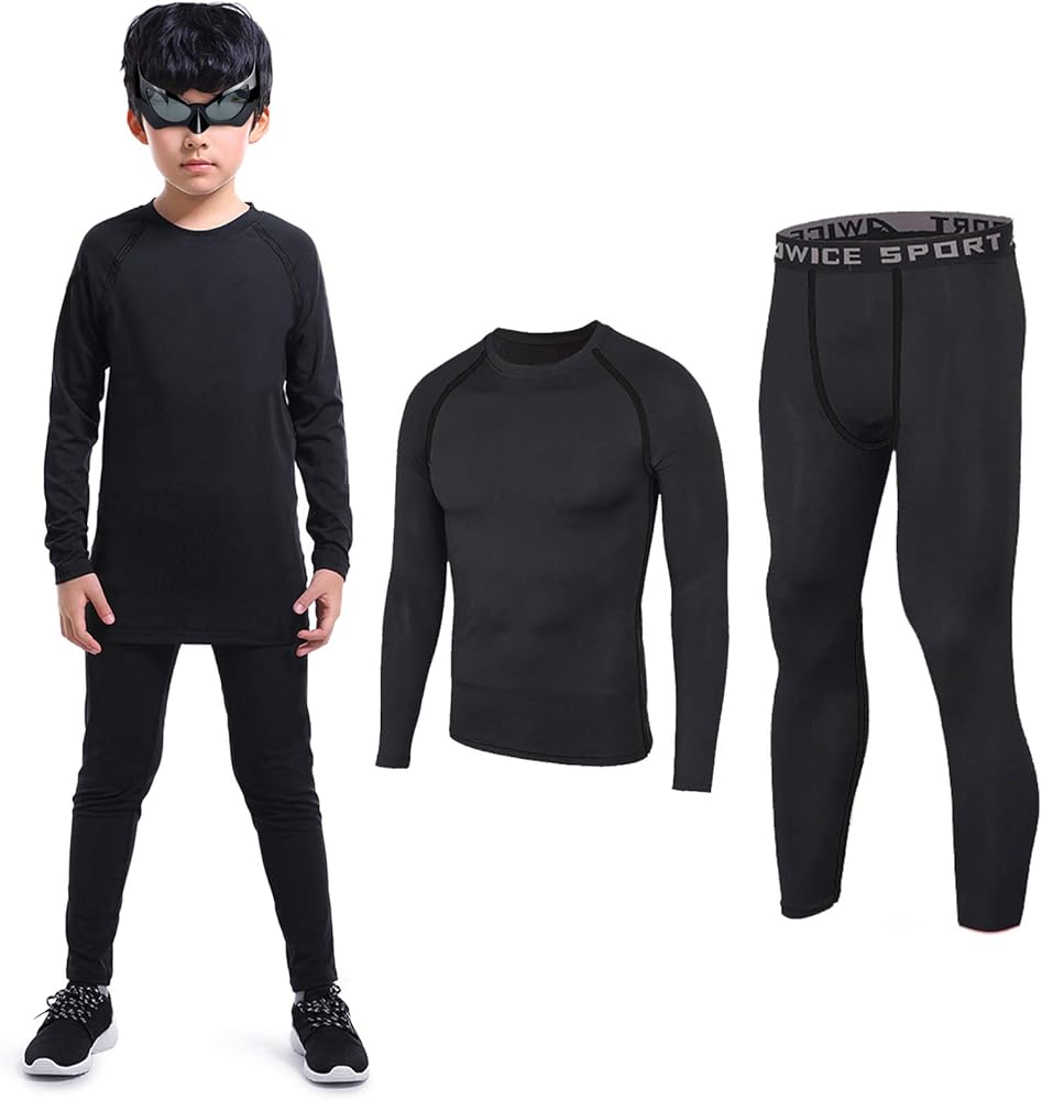 Boys Thermal Underwear 2 PCS Athletic Base Layer Kids' Compression Shirts and Leggings Set