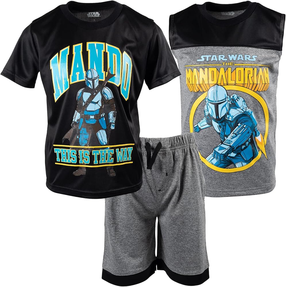 STAR WARS The Mandalorian Athletic Pullover T-Shirt Tank Top and Shorts 3 Piece Outfit Set Little Kid to Big Kid