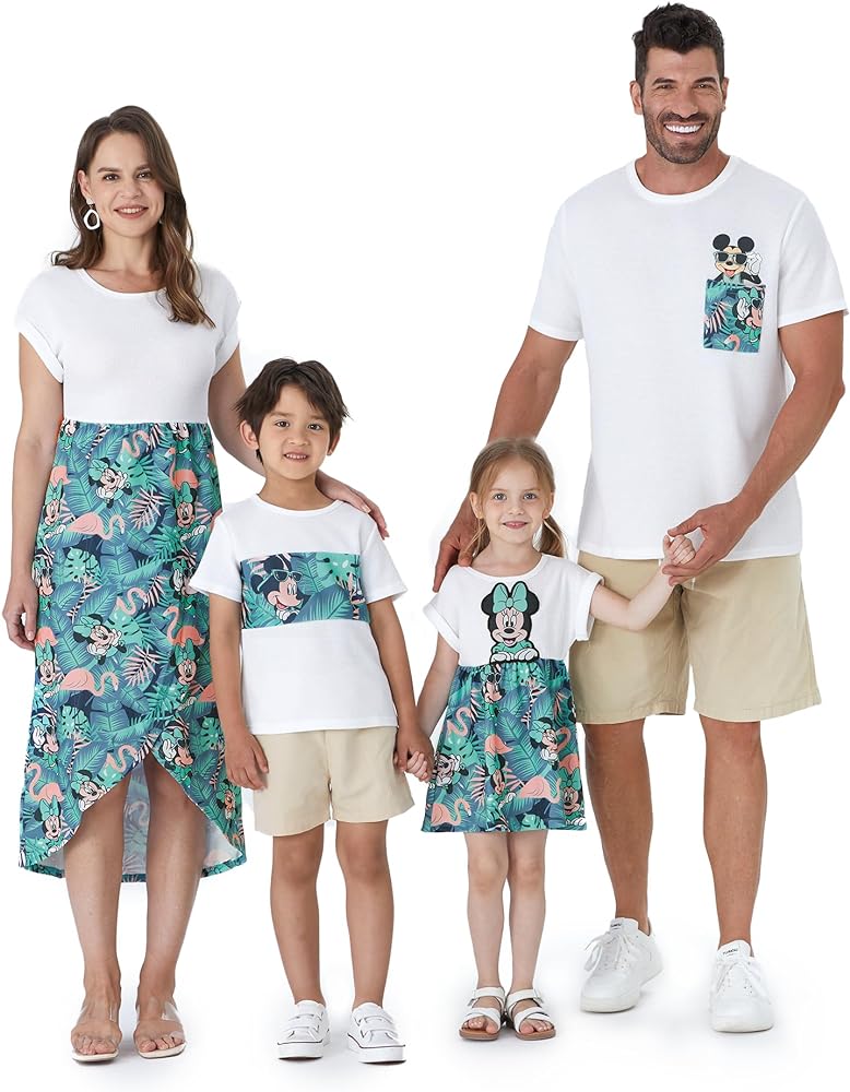 Disney Mickey and Friends Family Vacation Matching Ruffled Cami Dresses and Striped T-Shirts Sets Green White