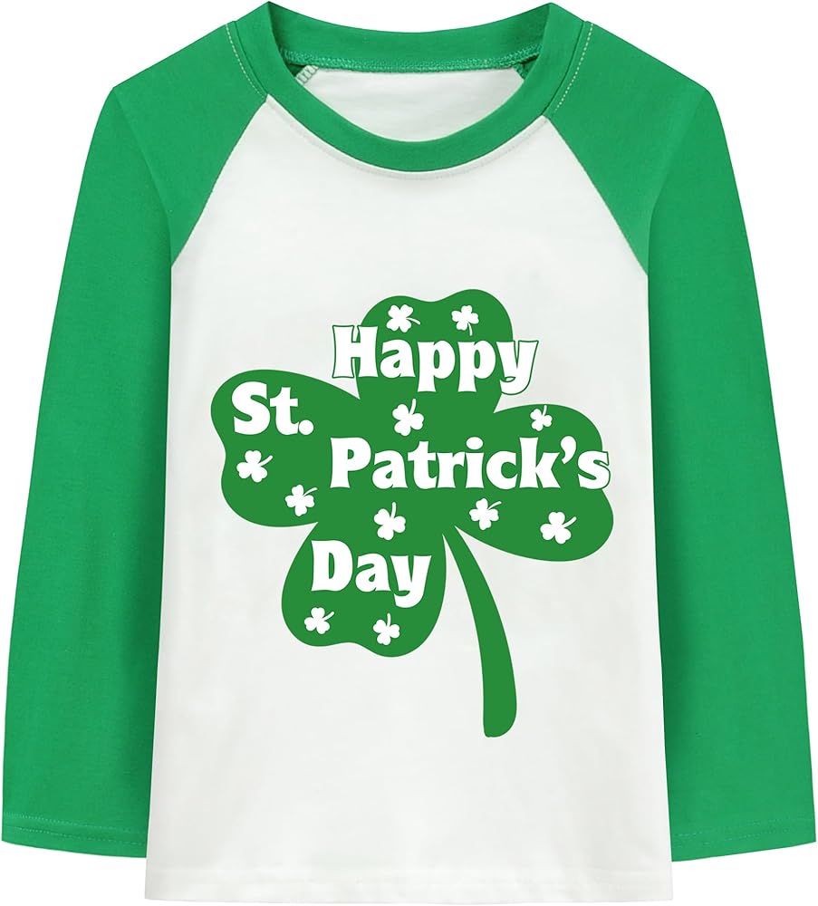 DDSOL Toddler Boy Girl Saint Patricks Day T-Shirt Raglan Long Sleeve Top Clothes Shamrock Lucky Four Leaf Clover Shirts Kids Tee 3T